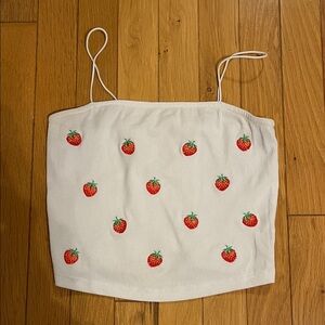 Cropped white strawberry print spaghetti strap tank top